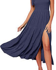 2023 New Summer Fashion Women's One-shoulder Pleated Layered Hem Split Dress