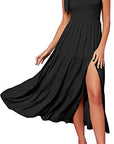 2023 New Summer Fashion Women's One-shoulder Pleated Layered Hem Split Dress