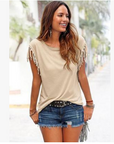 Wish quick sale eBay ladies Europe and America big size round neck short sleeve cuffs tassel T-shirt cotton tops