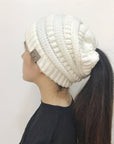 High Bun Ponytail Beanie Hat Chunky Soft Stretch Cable Knit Warm Fuzzy Lined Skull Beanie Acrylic Hats Men And Women