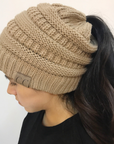 High Bun Ponytail Beanie Hat Chunky Soft Stretch Cable Knit Warm Fuzzy Lined Skull Beanie Acrylic Hats Men And Women