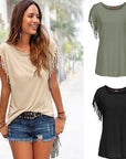 Wish quick sale eBay ladies Europe and America big size round neck short sleeve cuffs tassel T-shirt cotton tops
