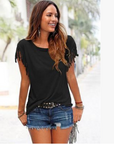 Wish quick sale eBay ladies Europe and America big size round neck short sleeve cuffs tassel T-shirt cotton tops