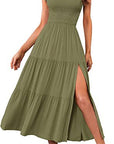 2023 New Summer Fashion Women's One-shoulder Pleated Layered Hem Split Dress