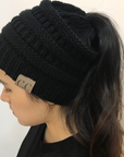High Bun Ponytail Beanie Hat Chunky Soft Stretch Cable Knit Warm Fuzzy Lined Skull Beanie Acrylic Hats Men And Women