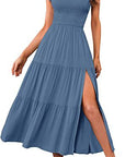 2023 New Summer Fashion Women's One-shoulder Pleated Layered Hem Split Dress