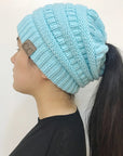High Bun Ponytail Beanie Hat Chunky Soft Stretch Cable Knit Warm Fuzzy Lined Skull Beanie Acrylic Hats Men And Women