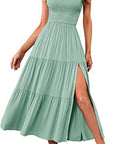 2023 New Summer Fashion Women's One-shoulder Pleated Layered Hem Split Dress