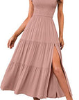 2023 New Summer Fashion Women's One-shoulder Pleated Layered Hem Split Dress