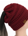 High Bun Ponytail Beanie Hat Chunky Soft Stretch Cable Knit Warm Fuzzy Lined Skull Beanie Acrylic Hats Men And Women