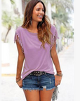Wish quick sale eBay ladies Europe and America big size round neck short sleeve cuffs tassel T-shirt cotton tops