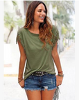 Wish quick sale eBay ladies Europe and America big size round neck short sleeve cuffs tassel T-shirt cotton tops
