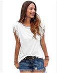 Wish quick sale eBay ladies Europe and America big size round neck short sleeve cuffs tassel T-shirt cotton tops