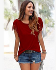 Wish quick sale eBay ladies Europe and America big size round neck short sleeve cuffs tassel T-shirt cotton tops