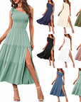 2023 New Summer Fashion Women's One-shoulder Pleated Layered Hem Split Dress