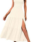 2023 New Summer Fashion Women's One-shoulder Pleated Layered Hem Split Dress