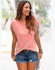 Wish quick sale eBay ladies Europe and America big size round neck short sleeve cuffs tassel T-shirt cotton tops