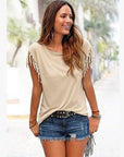 Wish quick sale eBay ladies Europe and America big size round neck short sleeve cuffs tassel T-shirt cotton tops
