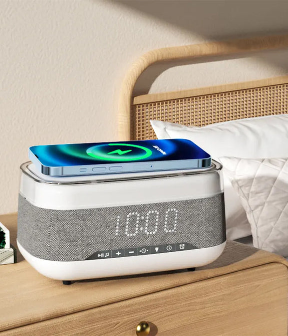 Intelligent Multifunctional Alarm Clock Bluetooth Speaker Wireless Charger Fast Charge Clock Atmosphere Night Light Home Decor